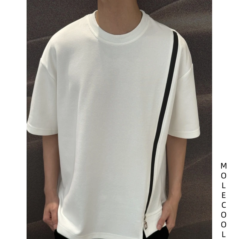 「molecool」2025年夏季新款拉链拼接网红炸街韩版ins风纯色男装T恤