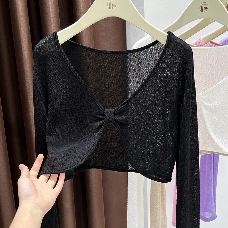 秋季新款洋气黑色长袖V领罩衫时尚防晒披肩短款高级感宽松针织衫