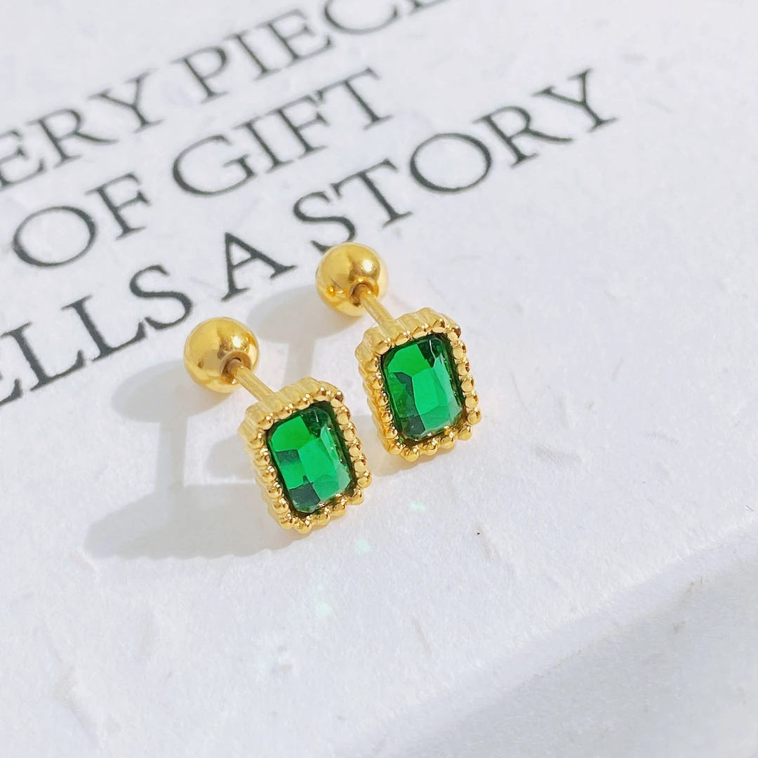 钛钢耳饰 高保色绿色锆石耳钉女气质轻奢ins小众耳骨钉耳饰品