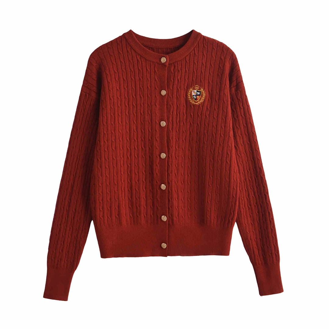 绣花金色纽扣圆领针织开衫秋冬新款长袖百搭短款女装绞花毛衣