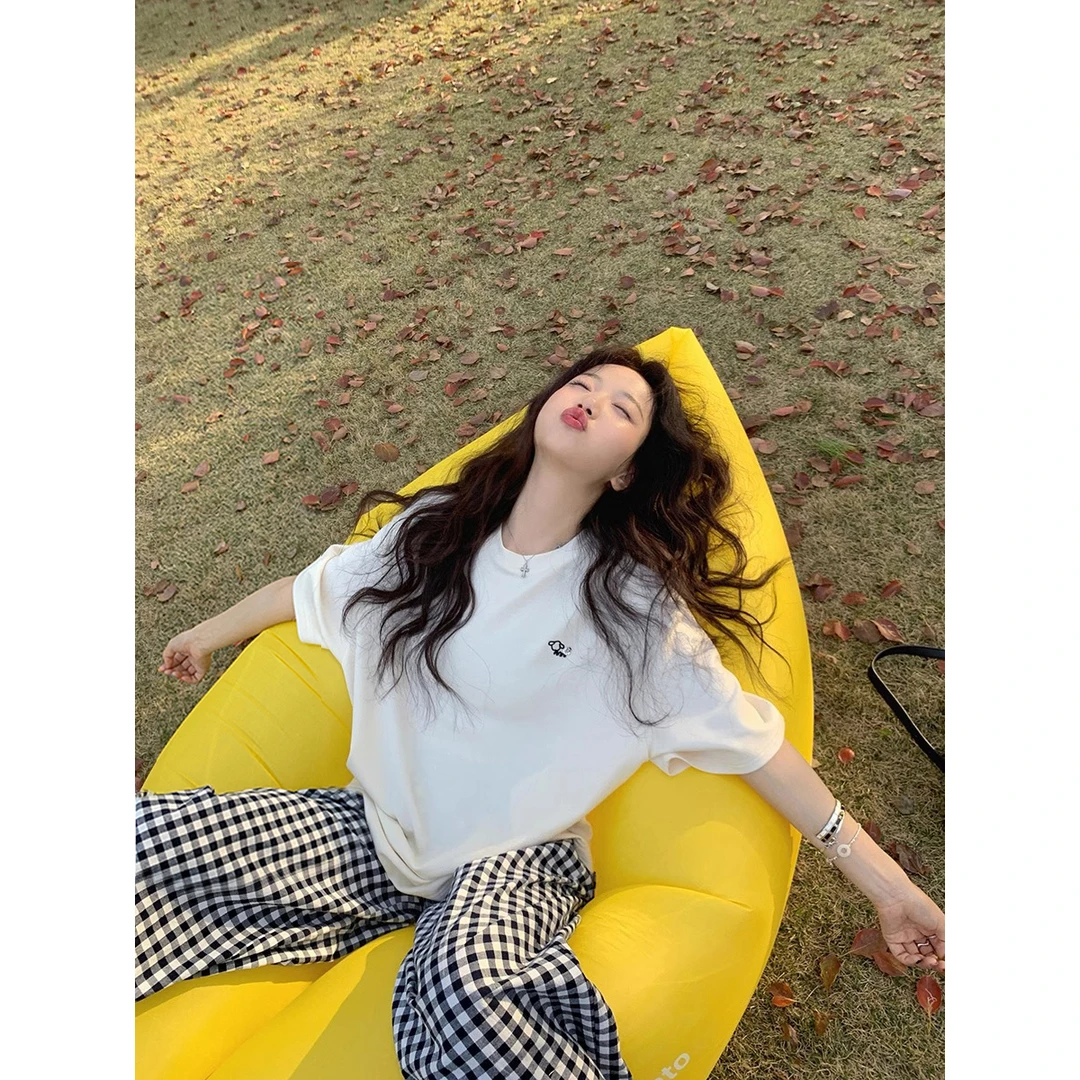 凉城有信~天丝空气层撞色小绣花冰氧t恤韩系时尚百搭休闲慵懒上衣