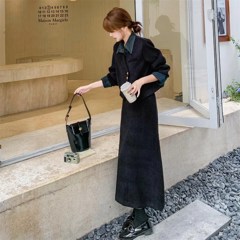 赫本风牛仔拼接假两件灯芯绒套装裙女秋冬高级感ootd穿搭流行减龄