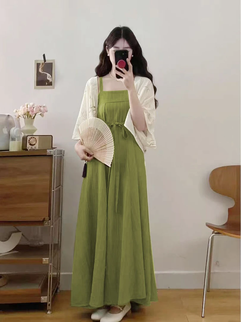 【山野幽幽】女装大码胖MM新中式国风宋制改良汉服吊带连衣裙开衫