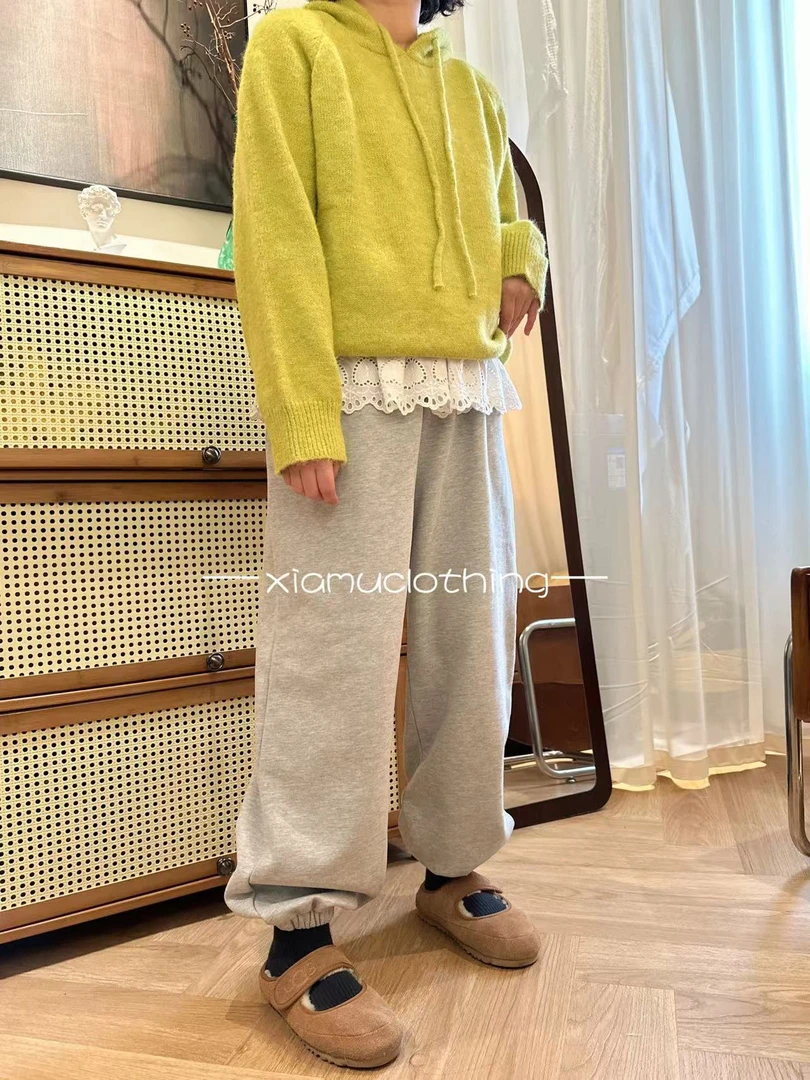 夏沐家洋气花边拼接加绒休闲束脚休闲卫裤9150