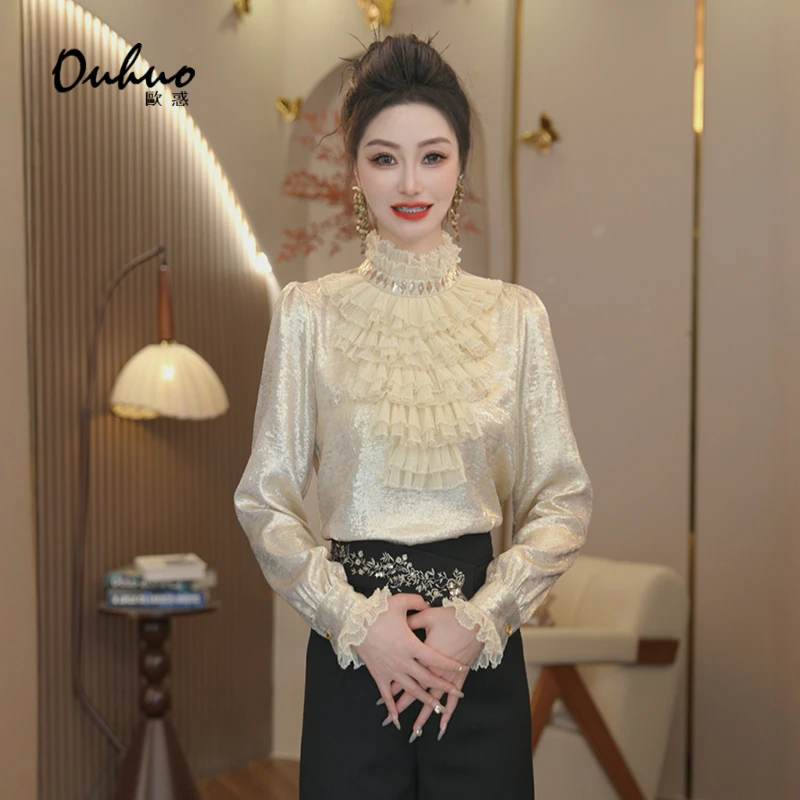 【木木定制】2025年新款百搭时尚法式蕾丝气质半高领上衣OHSHI01009