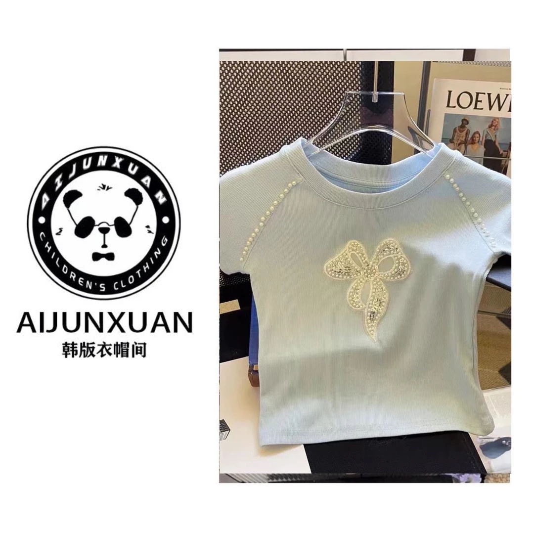【现货】2025韩版女童短袖t恤夏季新款钉珠亮片刺绣蝴蝶结百搭上衣