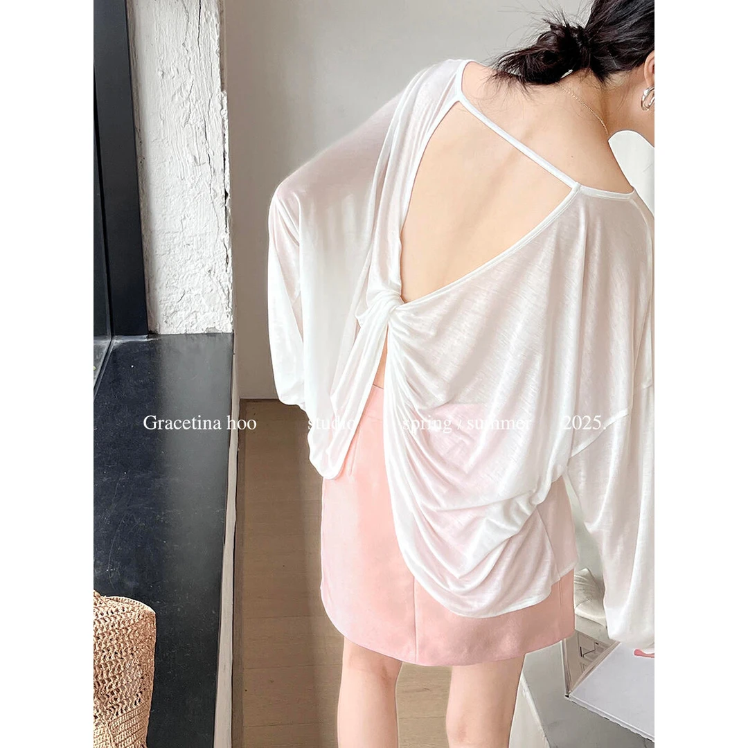 0%天丝【GRACETINA HOO】法式重工立裁扭结露背宽松慵懒防晒小衫