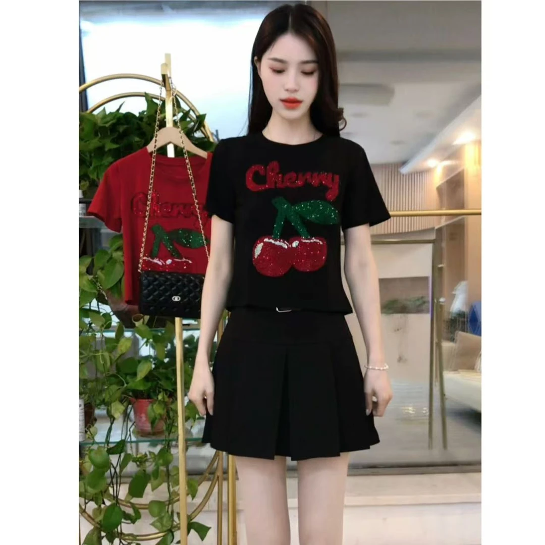 烫钻卡通动漫镶钻短款短袖T恤百褶黑色不规则时尚洋气夏季