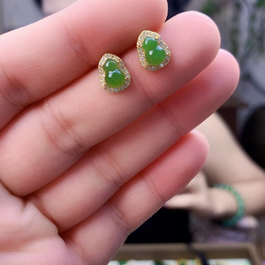 和田玉（碧玉）银S925镶嵌吊坠(不含链)耳钉