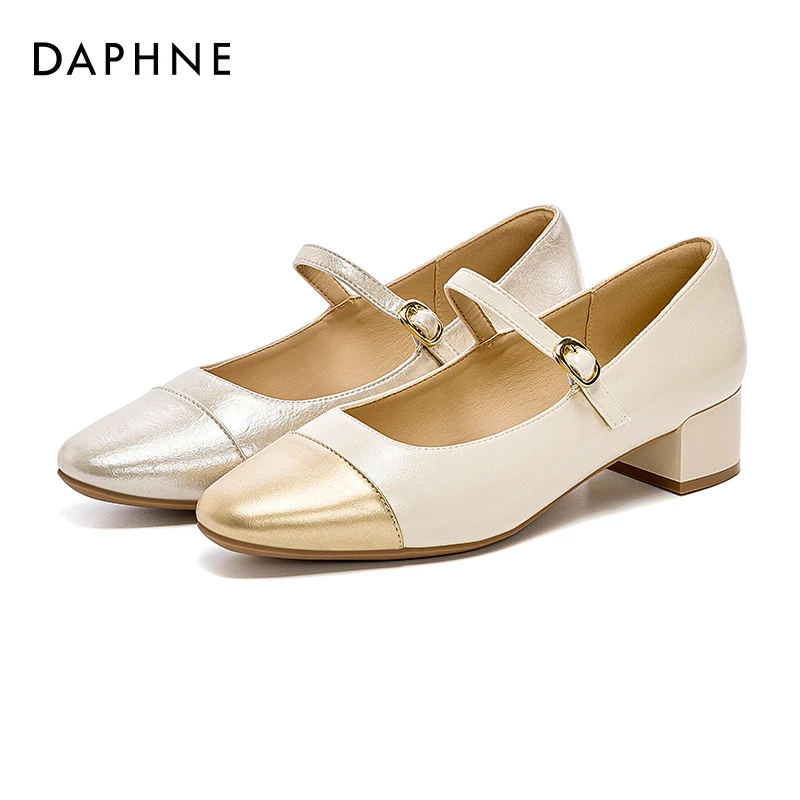 达芙妮2025女士夏季一字带玛丽珍百搭舒适透气浅口尖头粗跟单鞋