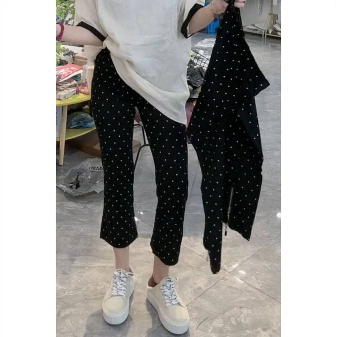 艾塔莉显瘦波点裤修身休闲裤女夏季新款八分裤大码梨形身材直筒裤