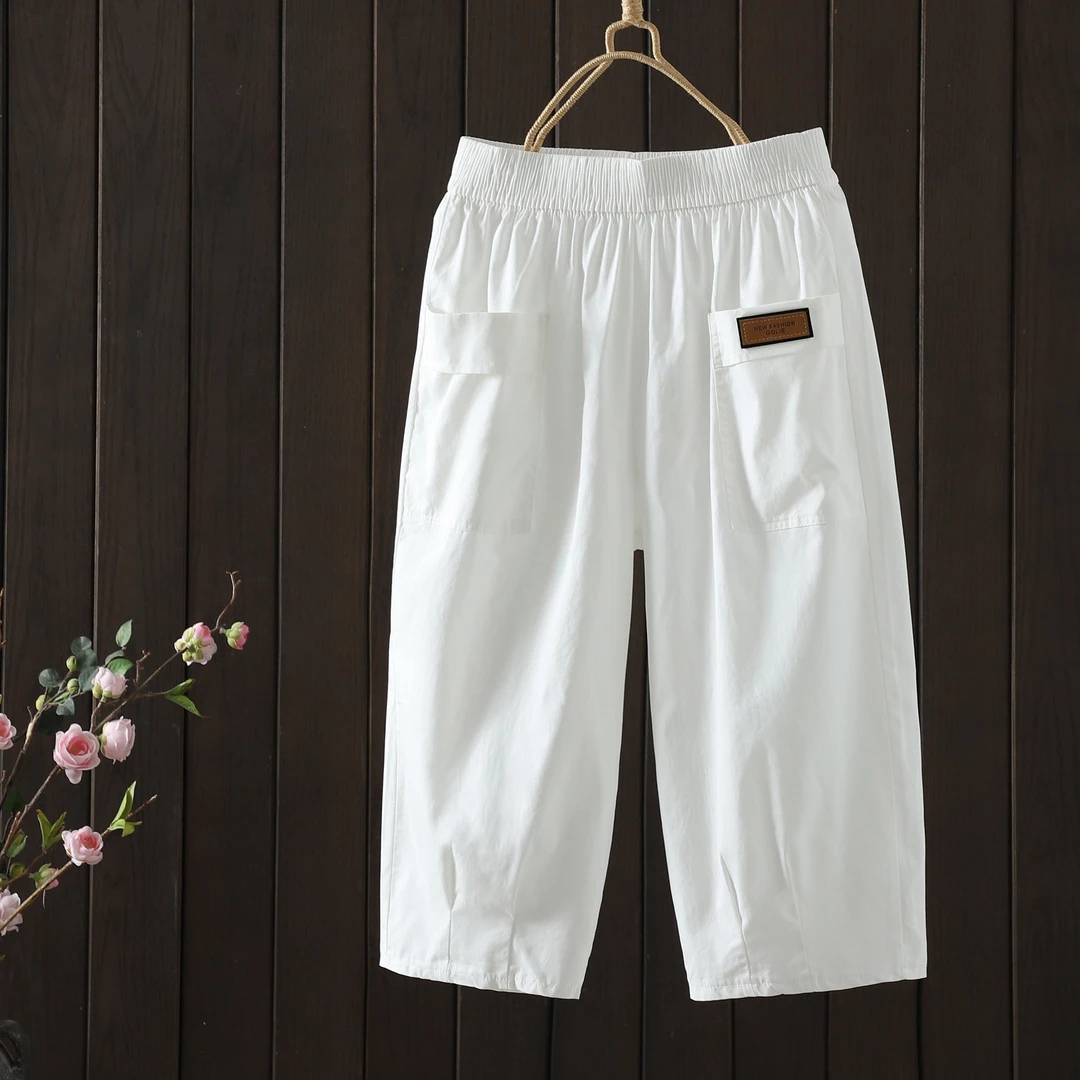 松紧薄款夏季七分裤口袋休闲裤直筒短裤