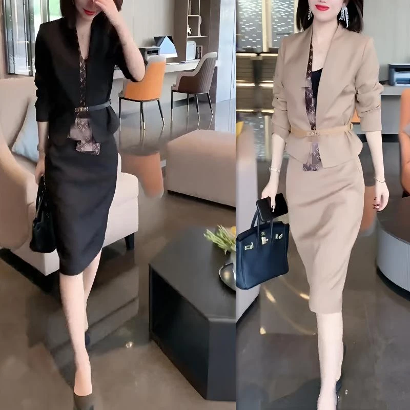 【大爱美依缘】新款时尚气质短款西装外套搭包臀半身裙修身两件套