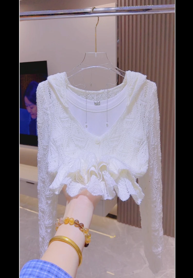 Xa126法式镂空连帽冰丝针织开衫女薄款外搭罩衫