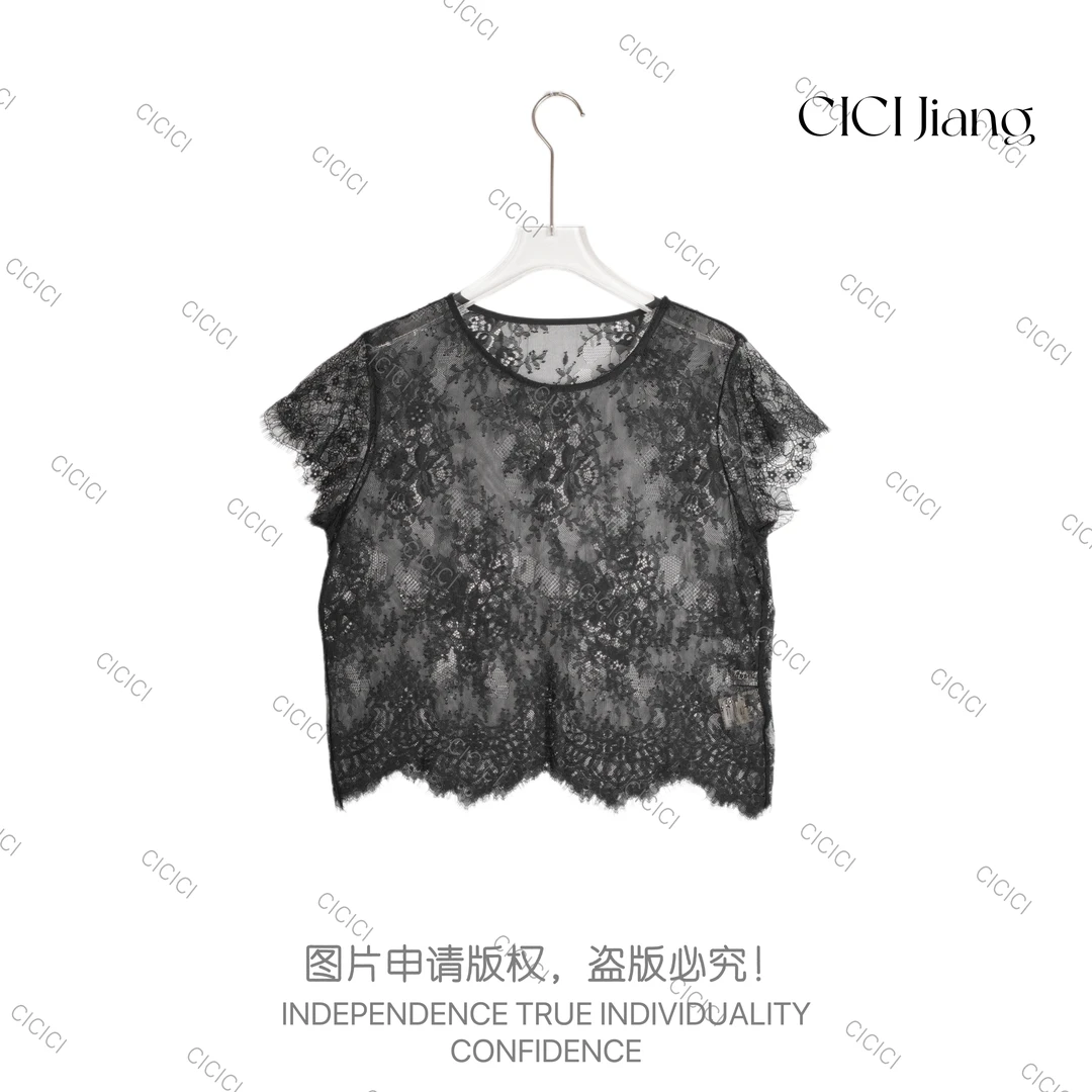 【CiCi酱】蒙娜丽纱 夏季短款蕾丝叠穿罩衫打底衫上衣 C25T16105