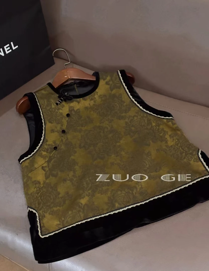 新中式时尚拼色提花背心马夹秋季下摆拼接镶边百搭无袖上衣