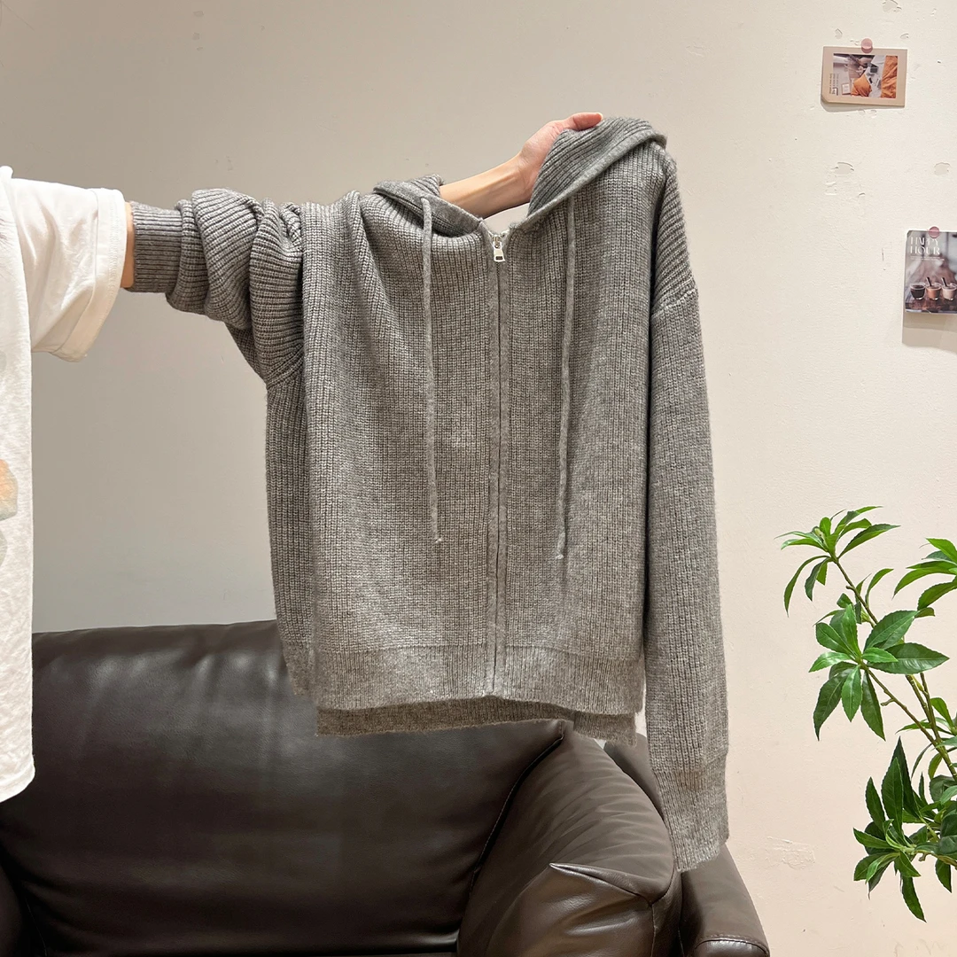花灰色连帽拉链长袖针织开衫女2025秋冬季抽绳设计感宽松毛衣外套
