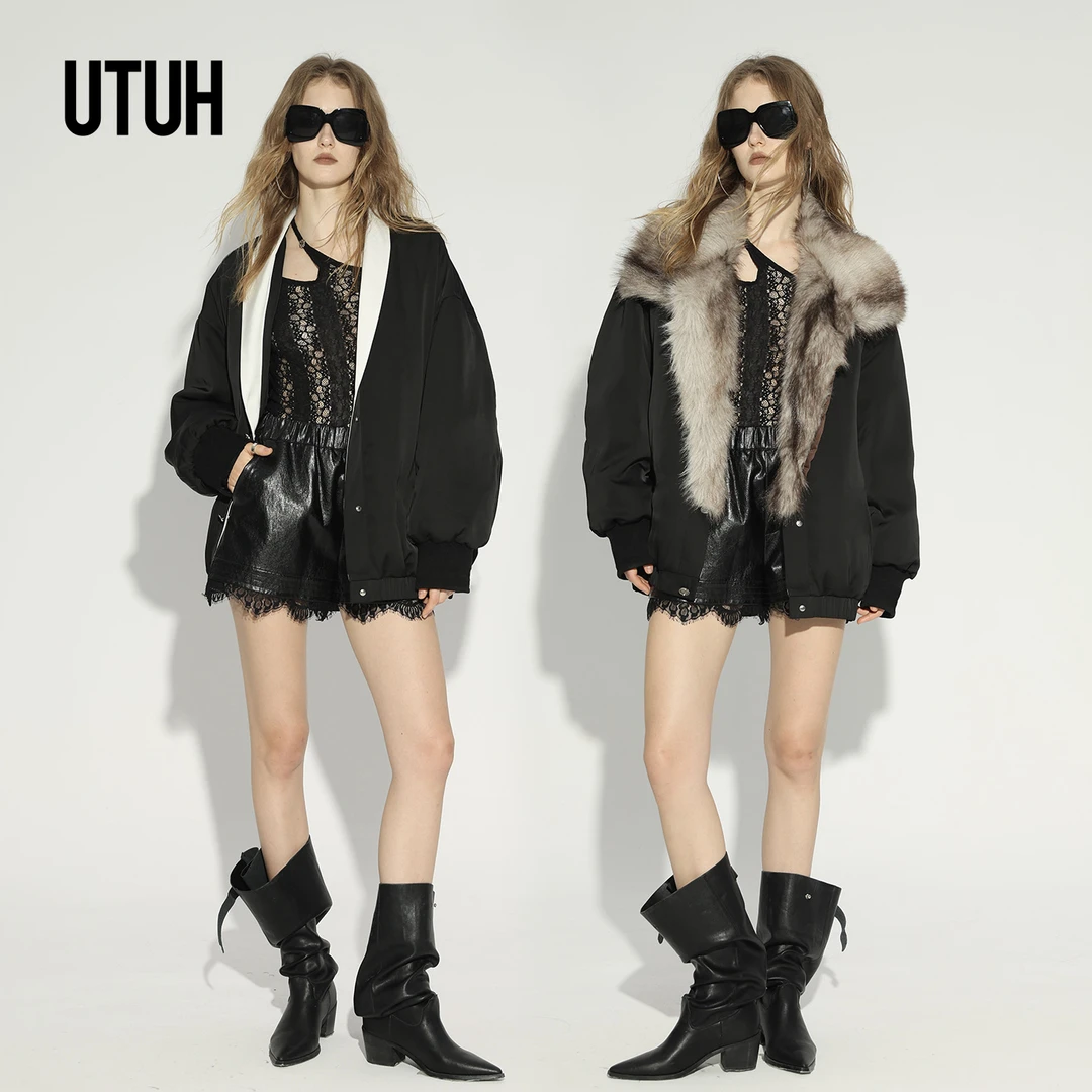 UTUH黑色青果领落肩宽松毛领外套慵懒高级保暖秋冬新款TDWWW1W361