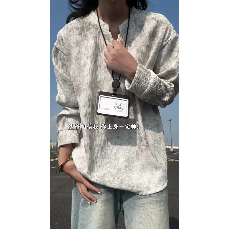 扎染肌理感小V领内搭卫衣男春夏季重磅可外穿打底cleanfit长袖T恤