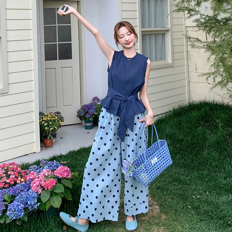 圆领系带收腰背心衬衫波点直筒阔腿裤两件套女2025夏季新款套装潮