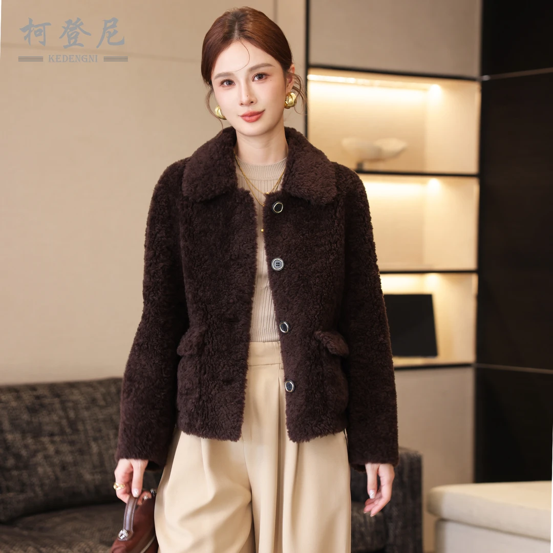 羊剪绒大衣女2025冬季新款100%羊羔毛短款高端皮皮毛一体皮草外套