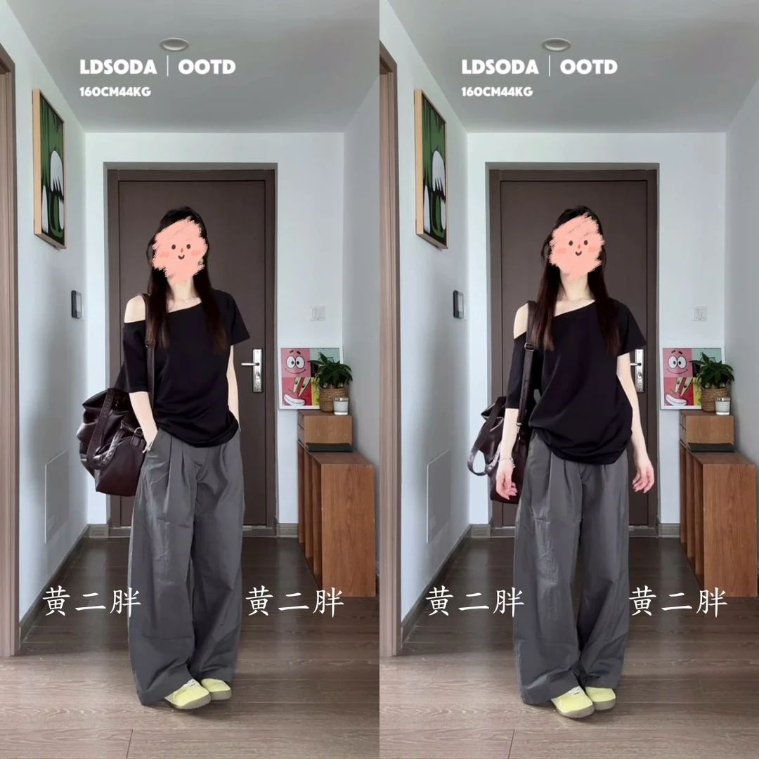 韩系黑色斜肩露肩女夏季宽松慵懒风松弛感百搭甜辣妹上衣长裤套装