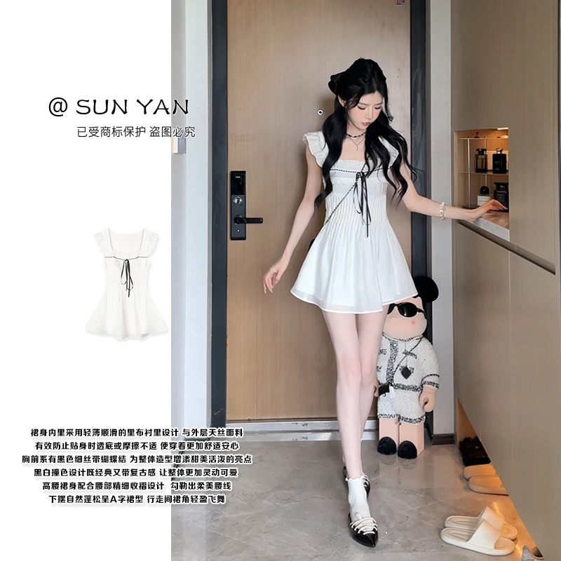 孙妍夏款【芙洛甜梦裙】法式甜美减龄感花边小飞袖收腰连衣裙