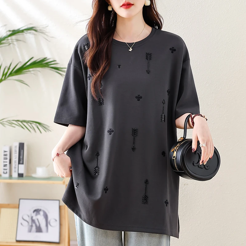 圆领珠片洋气短袖T恤2025春夏季韩版休闲宽松遮肉显瘦大码女装