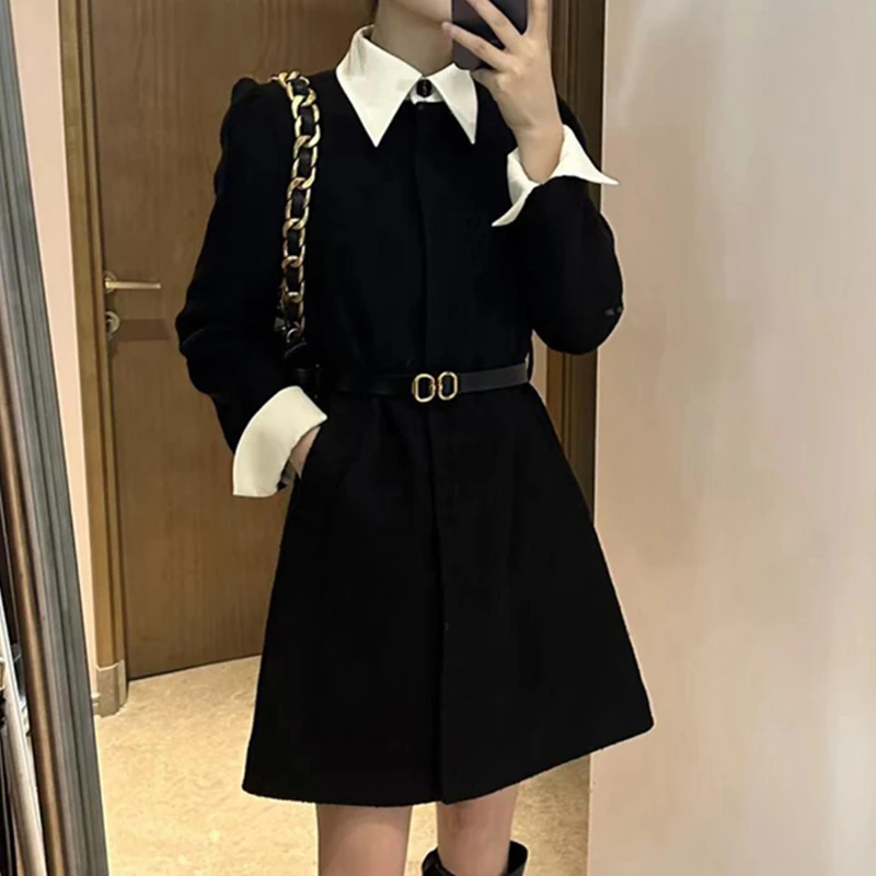 【送腰带】小香风裙子黑色假两件连衣裙2025秋季气质裙子2064