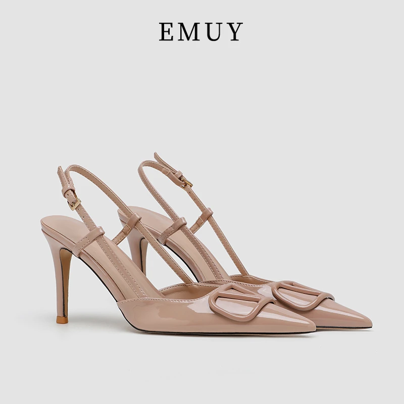 emuy尖头高跟鞋女细跟单鞋夏季款性感法式V扣一字带包头后空凉鞋