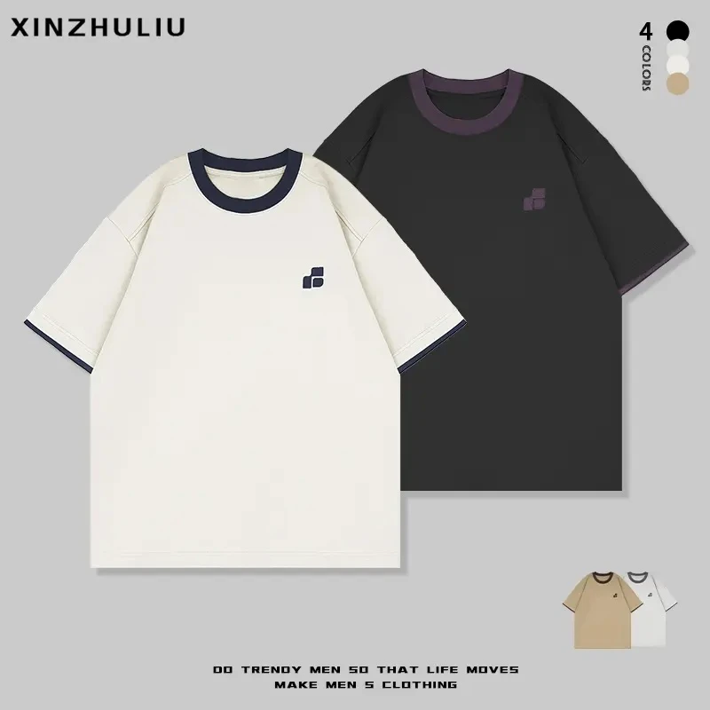 【新品推荐假俩件刺绣纯色圆领短袖】男士休闲简约百搭圆领短袖T恤