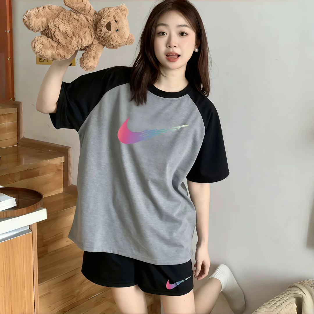 奥特莱斯正品纯色休闲睡衣女夏纯棉短袖短裤撞色插肩袖新款家居服