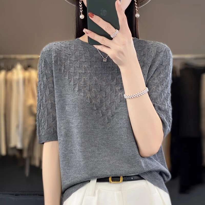 莱赛尔天丝镂空短袖t恤夏季爆款新款打底洋气女装冰丝针织衫上衣