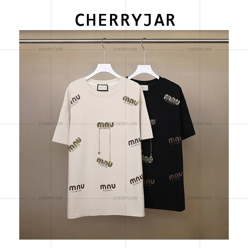 Cherryjar【251091】中国风重工字母镶钻金属链条装饰短袖夏季时尚