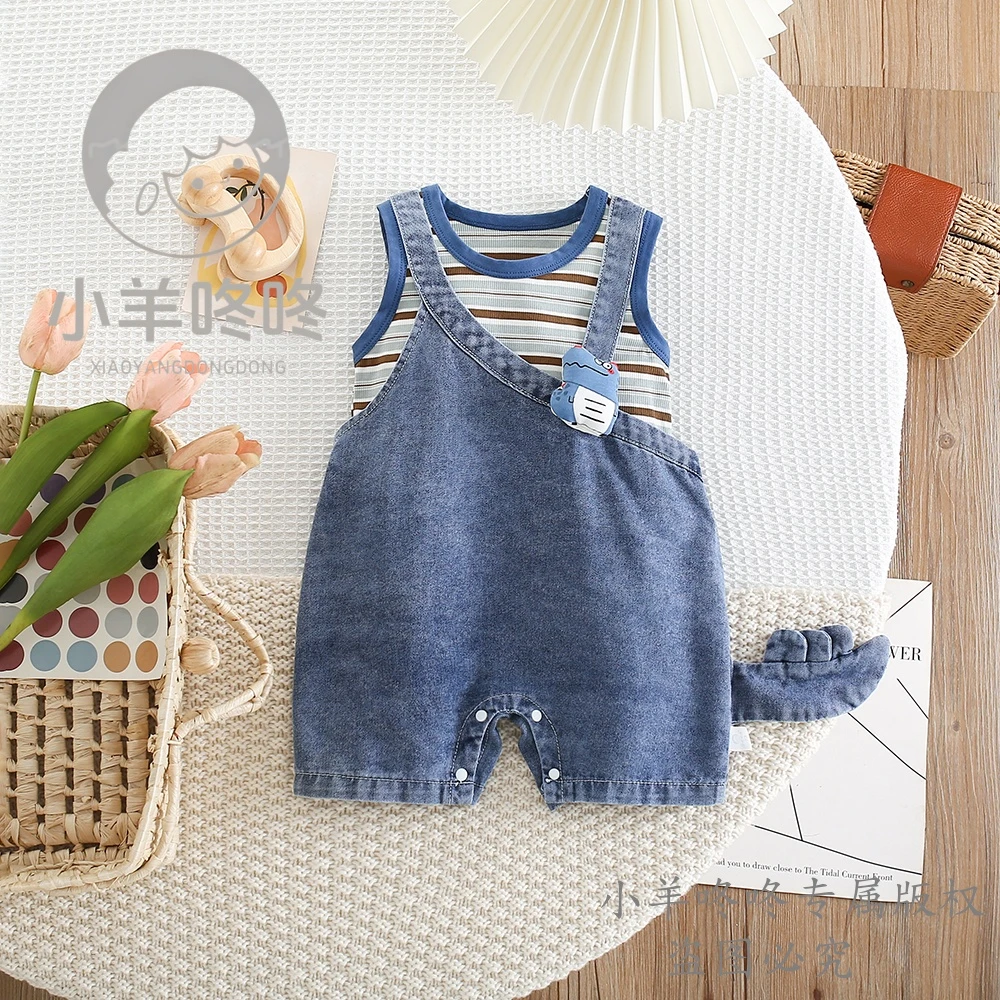 新款夏装糯叽叽牛仔两件套休闲时尚百搭婴幼儿条纹套头连体衣哈衣