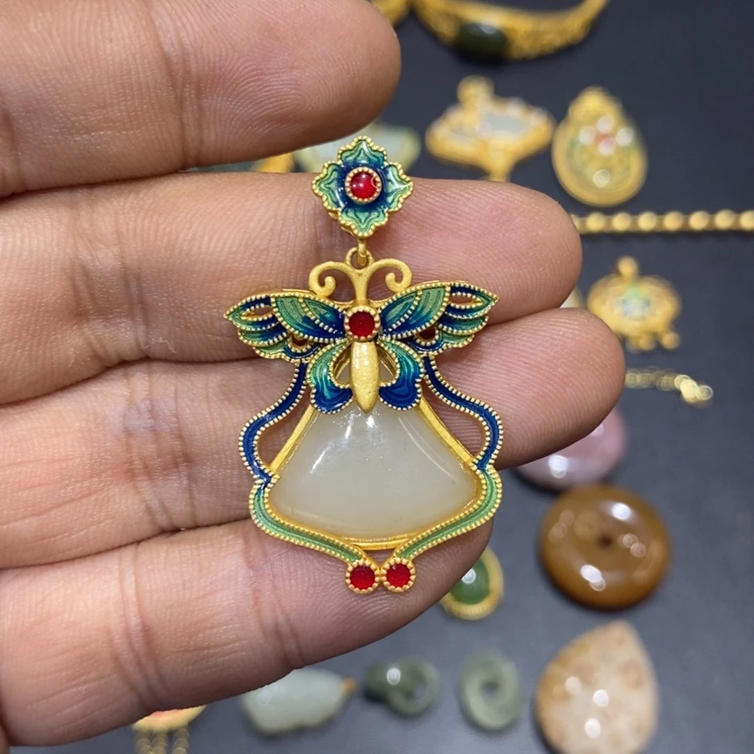 和田玉颈饰银S925镀金镶嵌