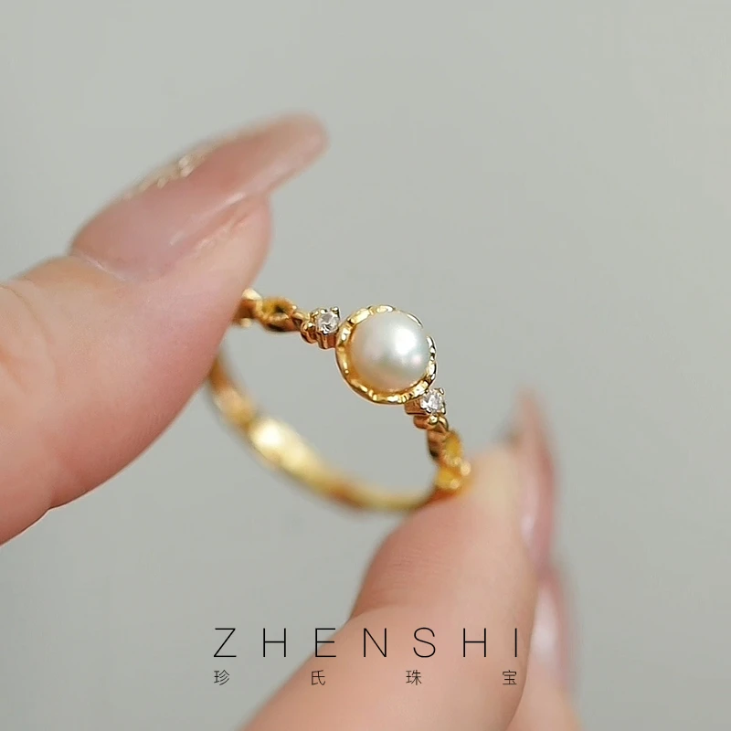 珍氏珠宝 淡水珍珠戒指女款小珠 法式精致开口食指戒尾戒（叶初）