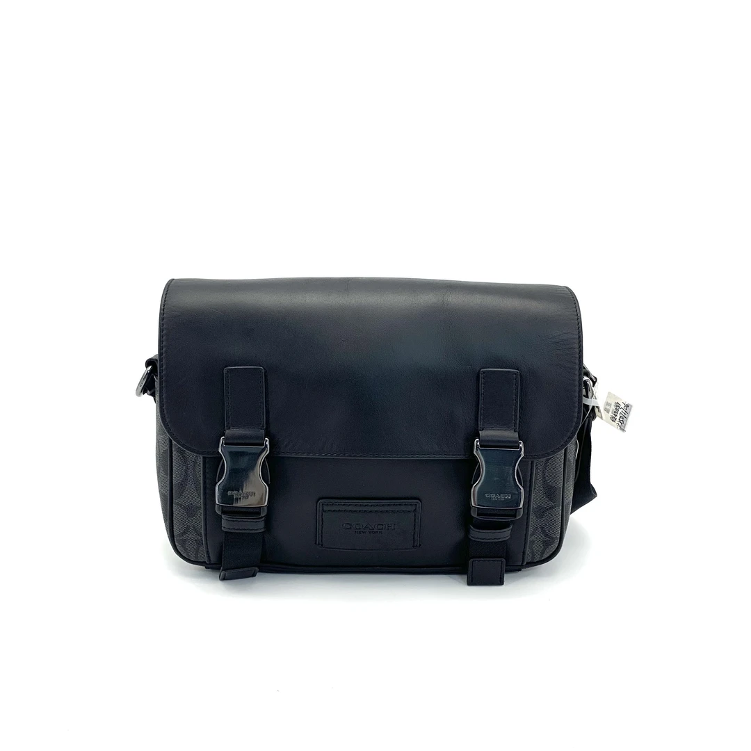 95新 COACH/蔻驰 男款黑色全皮双扣翻盖邮差包 尺寸27/17单肩百搭