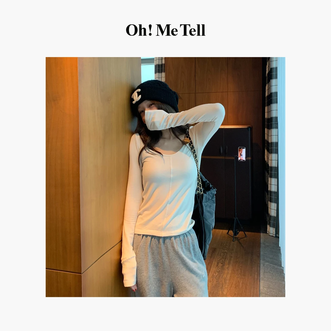 Oh！Me Tell【舒适好穿】大领口前后两穿羊毛弹力修身长袖打底衫T恤