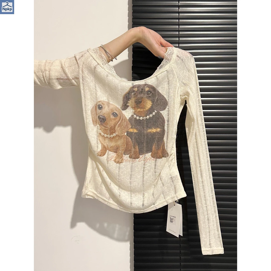 纯欲蕾丝拼接一字肩长袖t恤女秋季小狗印花修身收腰上衣