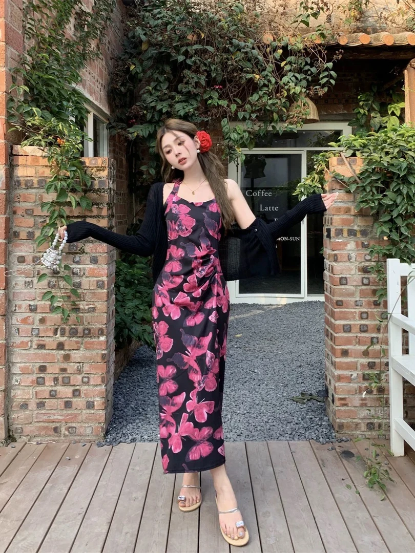 套装V领显瘦大码连衣裙收腰挂脖蝴蝶印花