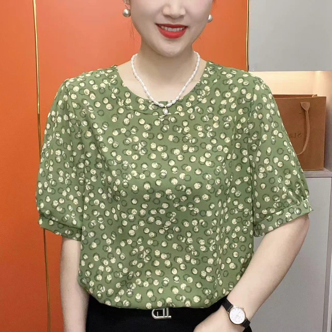 2025新款妈妈装时尚百搭宽松休闲洋气圆领短袖上衣5677
