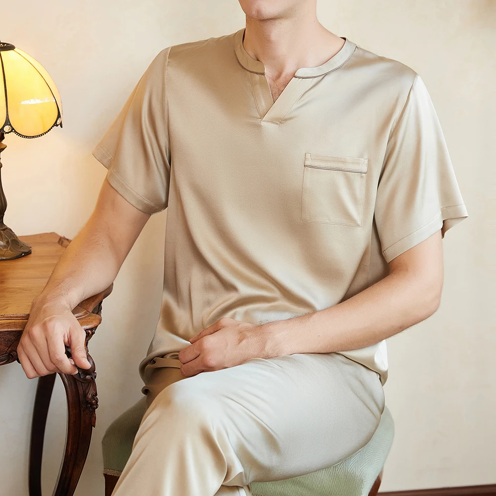 古茧男士短袖长裤重磅真丝睡衣套装简约高级感桑蚕丝家居服夏凉感