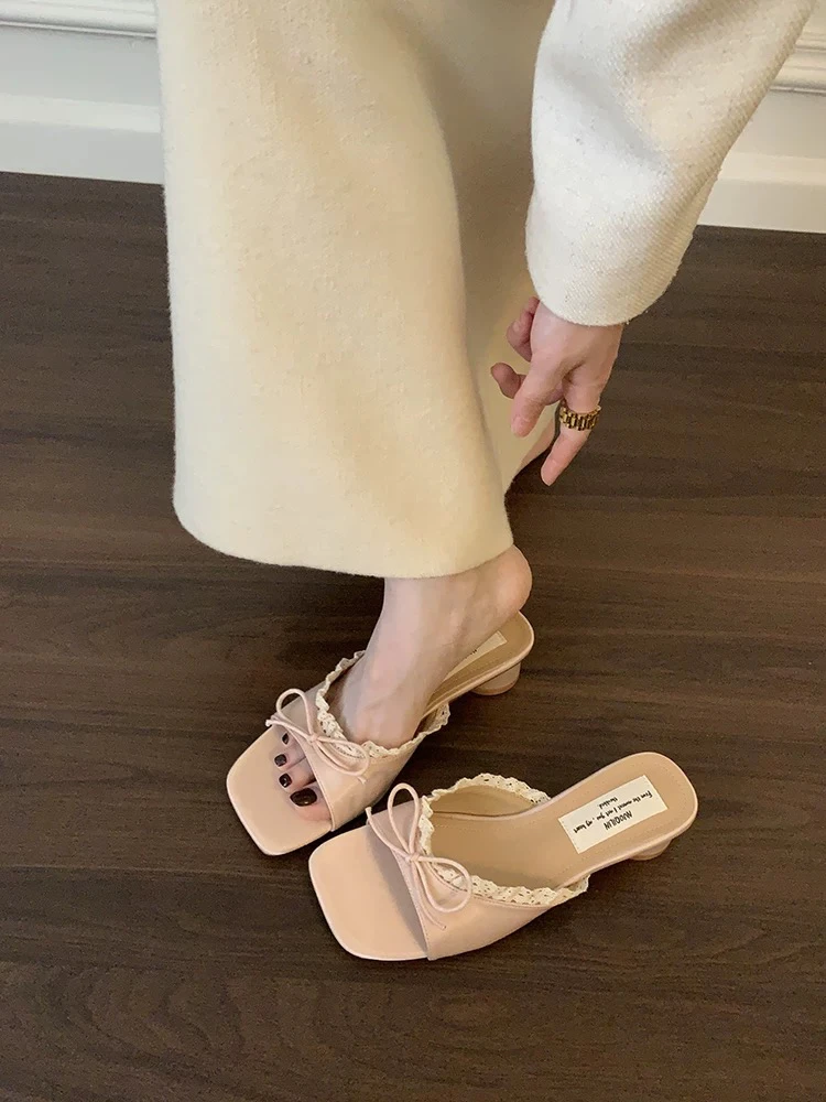 【桔子家】法式328蕾丝一字拖鞋 外穿绝美