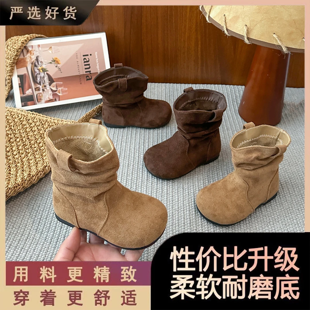 女童靴子2025秋冬款儿童复古堆堆靴加绒百搭西部靴洋气二棉勃肯靴