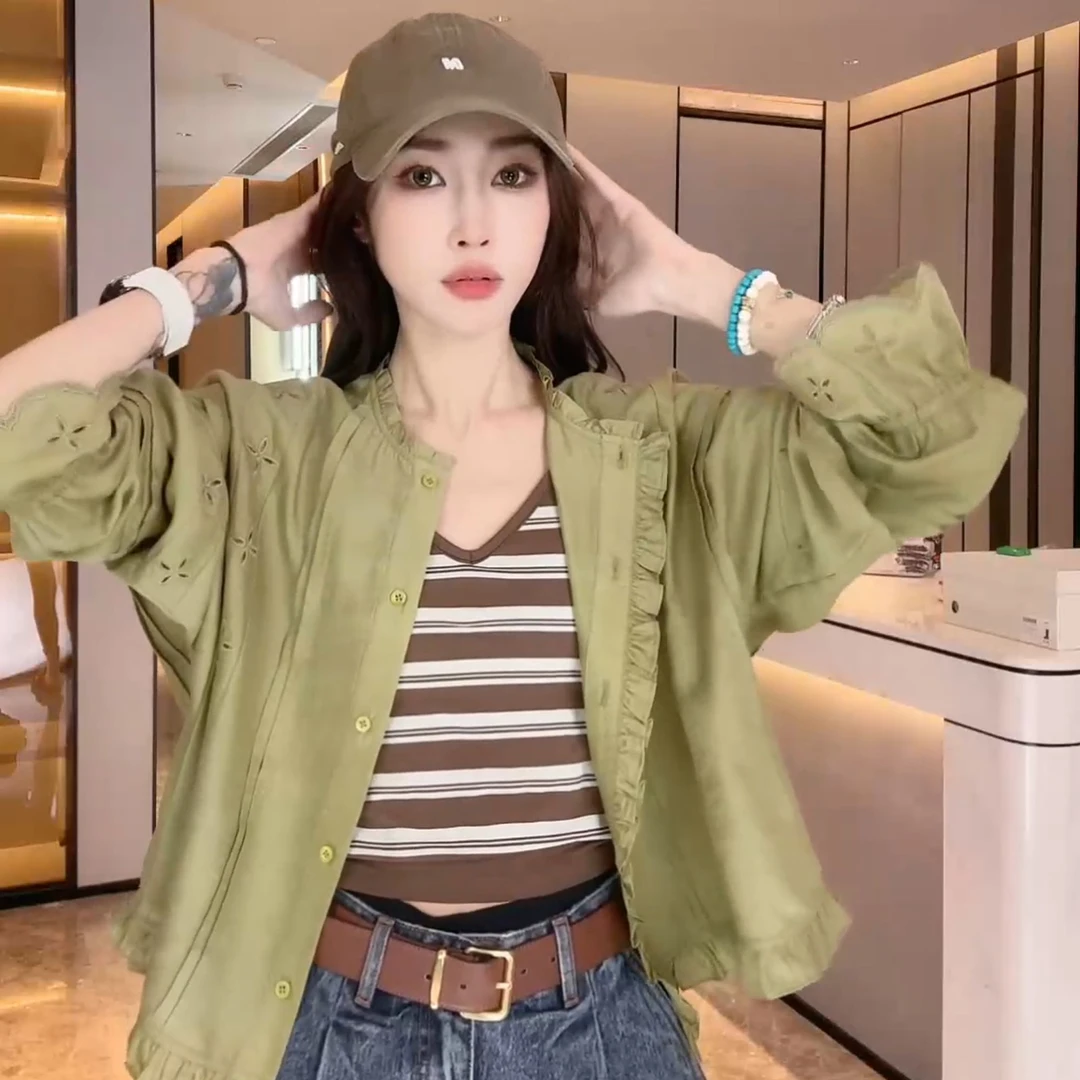 PCNY「单纯恋歌」不理理冬季新款小众女装百搭气质镂空花边长袖衬衫