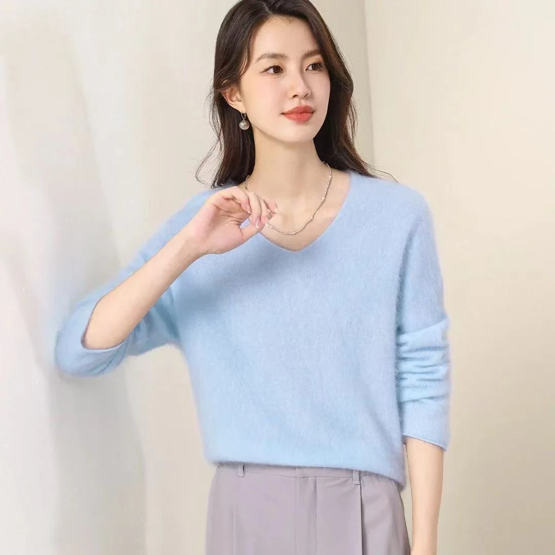 100%绵羊毛拉毛V领气质时尚女式羊毛衫24DAK1157