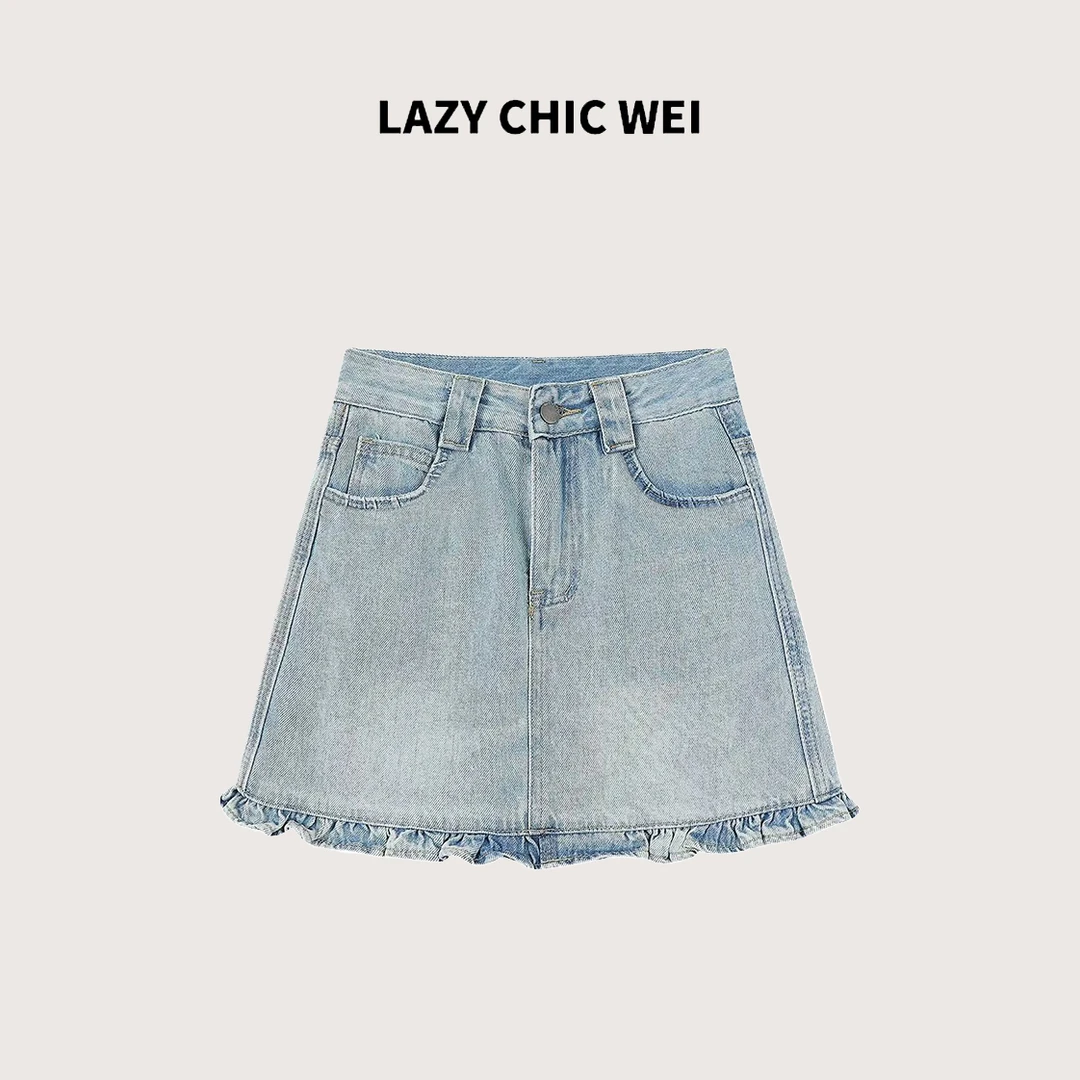 WEI 棉混纺木耳边拼接雪花酵素水洗高腰牛仔裙裤2505SSW5301