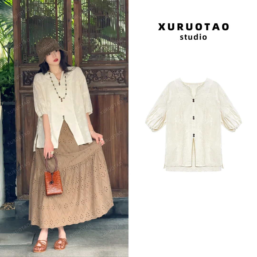 XURUOTAO 【迷人提花】100棉重工提花刺绣设计米白色上衣 T5351