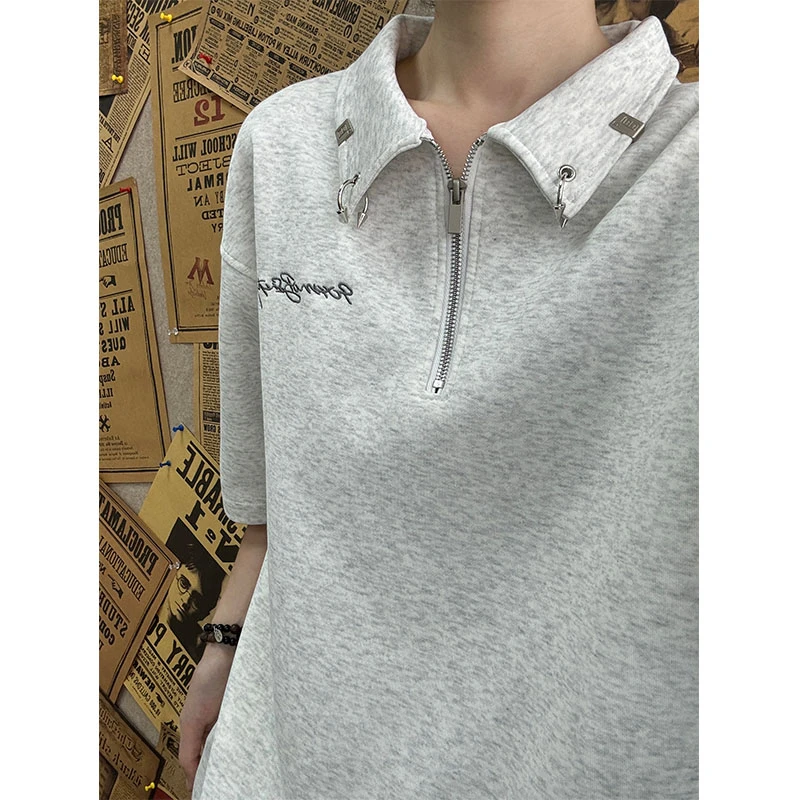 半拉链刺绣金属扣Polo衫设计感小众短袖T恤男夏季情侣带领子上衣